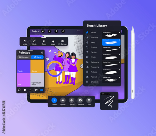 Drawing app on tablet for artists. Interface menu close-up. brush settings and editing panels