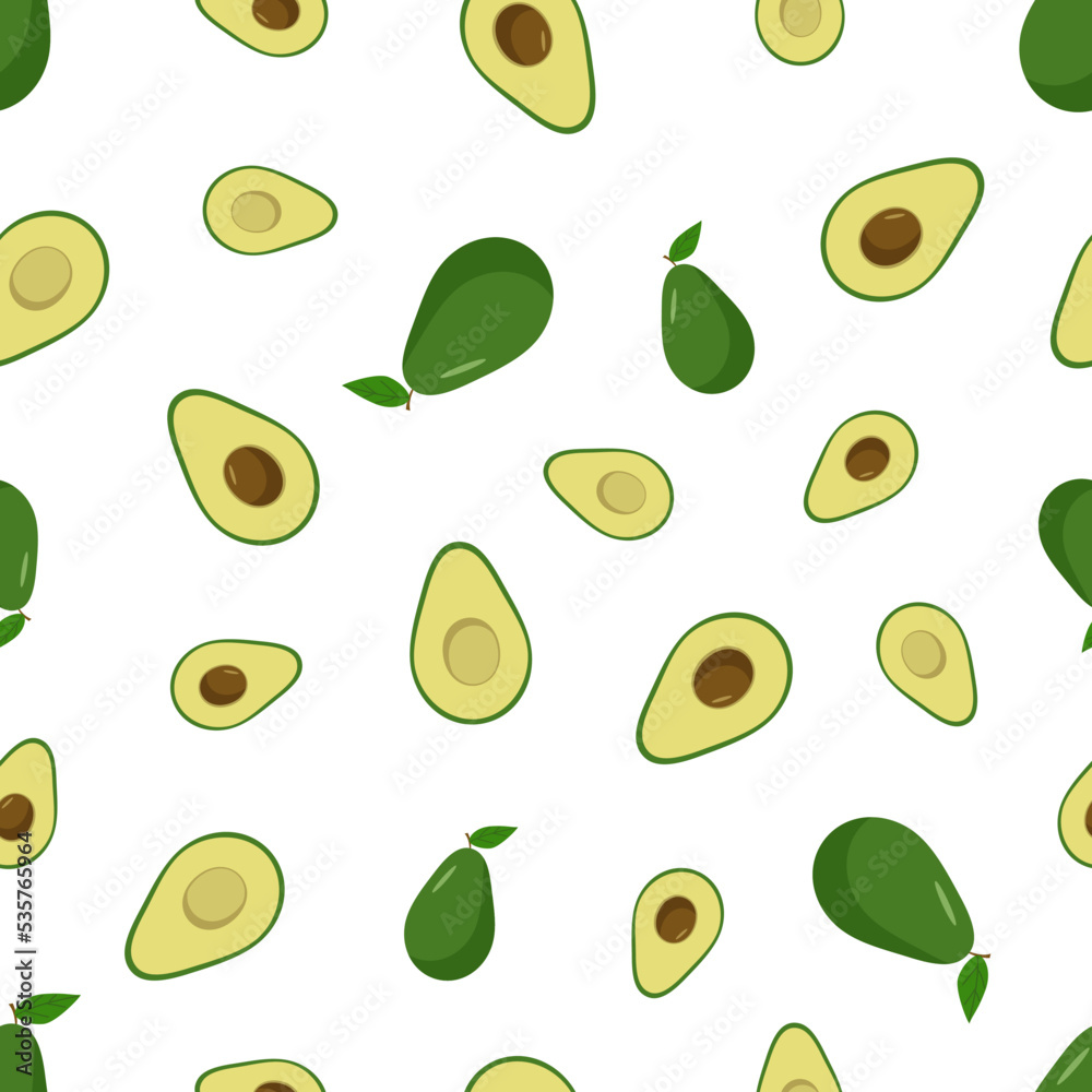 Seamless Pattern Avocado set of whole and halves with a bone. Vector illustration of fresh avocado fruit. Seamless Pattern Avocado set of whole and halves with a bone. Vector illustration of fresh avocado fruit.
