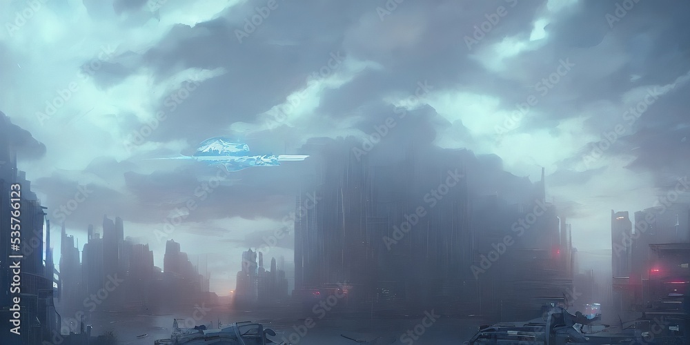 Dramatic scene, cities of the future, in the clouds.