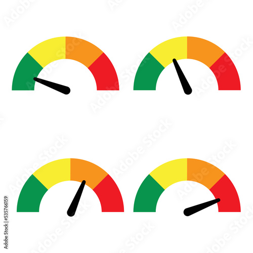 Colorful speedometer collection. Download progress indicator. Speedometer icon set in flat style on white background. Vector speed test dashboard. Internet provider speed meter. Vector graphic. 