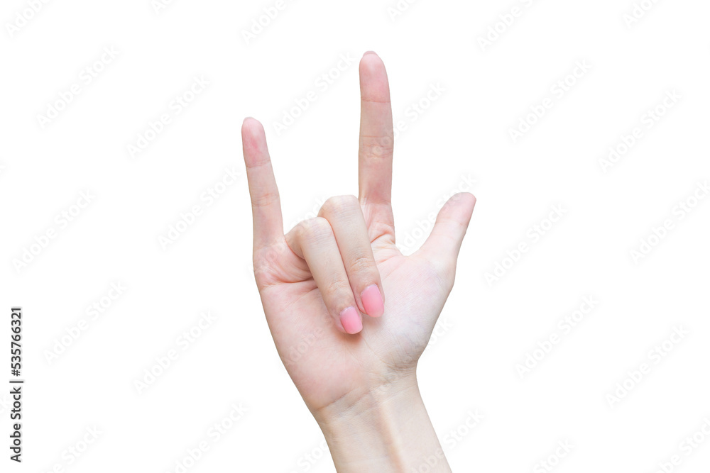 Female fingers and hands while acts sign as I love you symbol on isolated white background. Female fingers and hands while acts sign as I love you symbol on isolated white background.