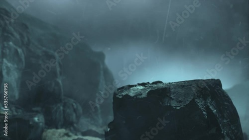 Cinematic shot of a stormy ancient alien crash site, with a smooth rising reveal of a vast hulk of a derelict space ship in the distance, past boulders hewn with alien pertoglyphs - teal color scheme