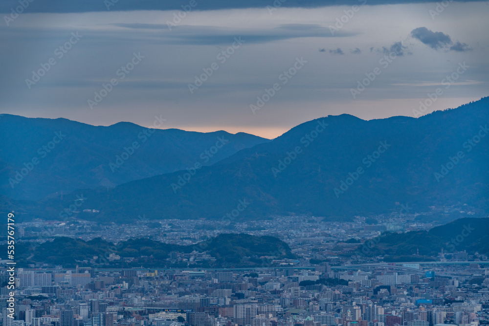 View of Fukuoka city from hill in the evening.