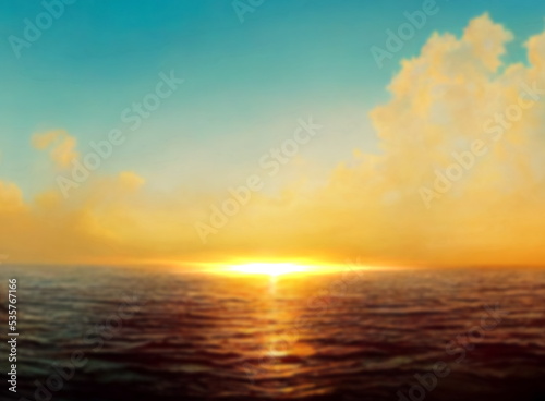 sunset at sea bright sun down light beam flares ,blue sky orange clouds ,palm and plant reflection on sea water wave summer vacation background template