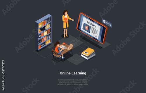 Concept Of Distance Online E-Learning. Student At Desk In Listen To Teacher. Girl Taking An Remote Course. Learning or Meeting Online With Teleconference. Isometric Cartoon 3d Vector Illustration