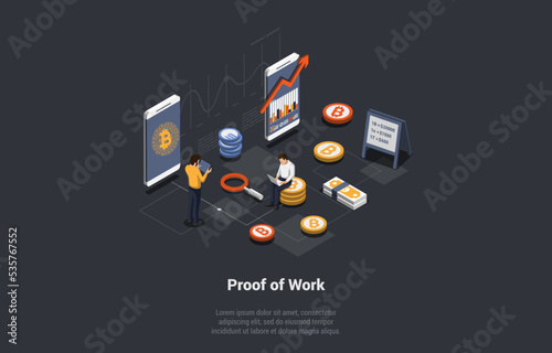 POS Technology, Class of Consensus Mechanisms For Blockchains, Work by Selecting Validators in Proportion To Their Quantity Of Holdings In Associated Cryptocurrency. Isometric 3d Vector Illustration