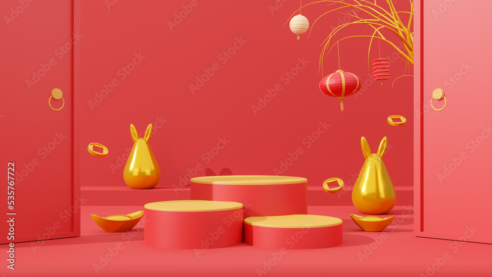 Chinese New Year Rabbit symbol of 2023 year for premium products display, podium with golden rabbit statue and chinese gold on red background. 3d rendering Chinese New Year Rabbit symbol of 2023 year for premium products display, podium with golden rabbit statue and chinese gold on red background. 3d rendering