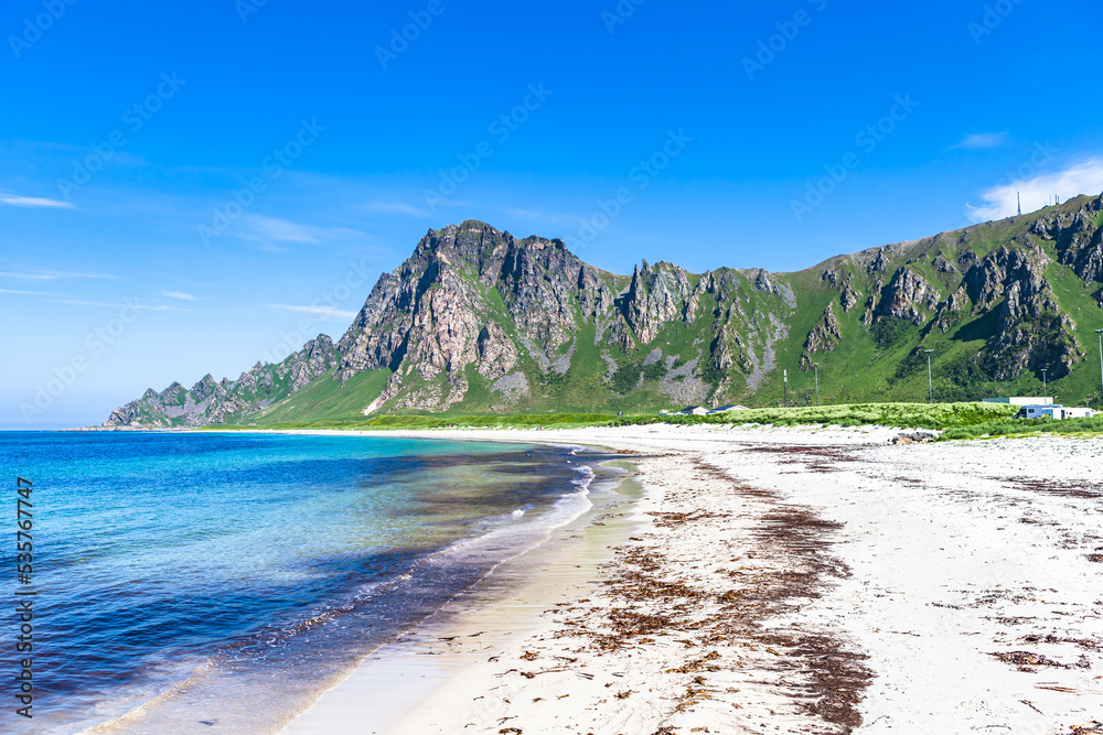 White sand beach at Bleik. A fishing village in Andoy Municipality in Nordland county, Norway. White sand beach at Bleik. A fishing village in Andoy Municipality in Nordland county, Norway.