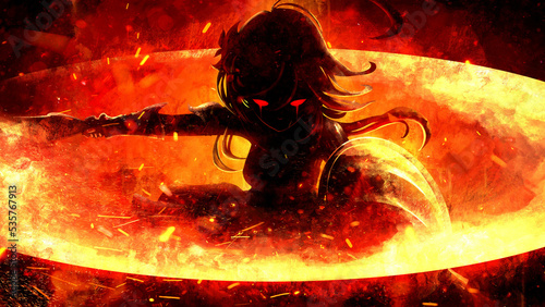 The black silhouette of a desperate anime girl with bloody eyes and tears, she is a knight with a shield making a circular fiery swing with her sword burning everything around to the ground. 2d art photo
