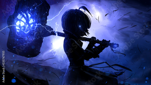 A black silhouette of a cute anime girl in a dress, she is a demigod with a huge electric hammer standing in the middle of wind storm with thunder and lightning her eyes are shining in the dark 2d art
