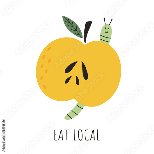 Eat Local. Apple with worm. Organic waste, ecology, zero waste, zero waste concept, eco life. Isolated on white background