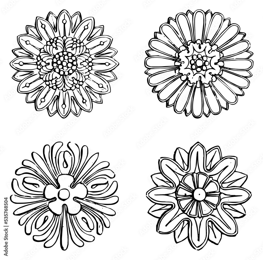 Fototapeta premium Black And White Doodle Floral Ornaments. Coloring Book Design Vector Elements Set