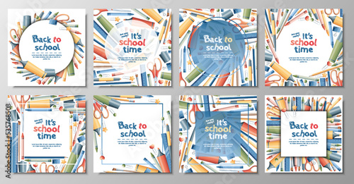 Back to school banner set. Backgrounds with stationery pencils, pen, brush, scissors, paper clips. School theme, knowledge day, study