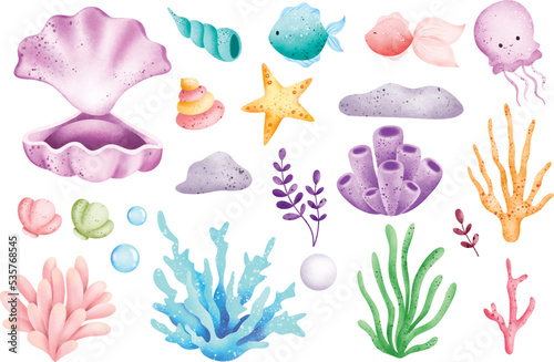 Watercolor Illustration set of Beautiful sea creature
