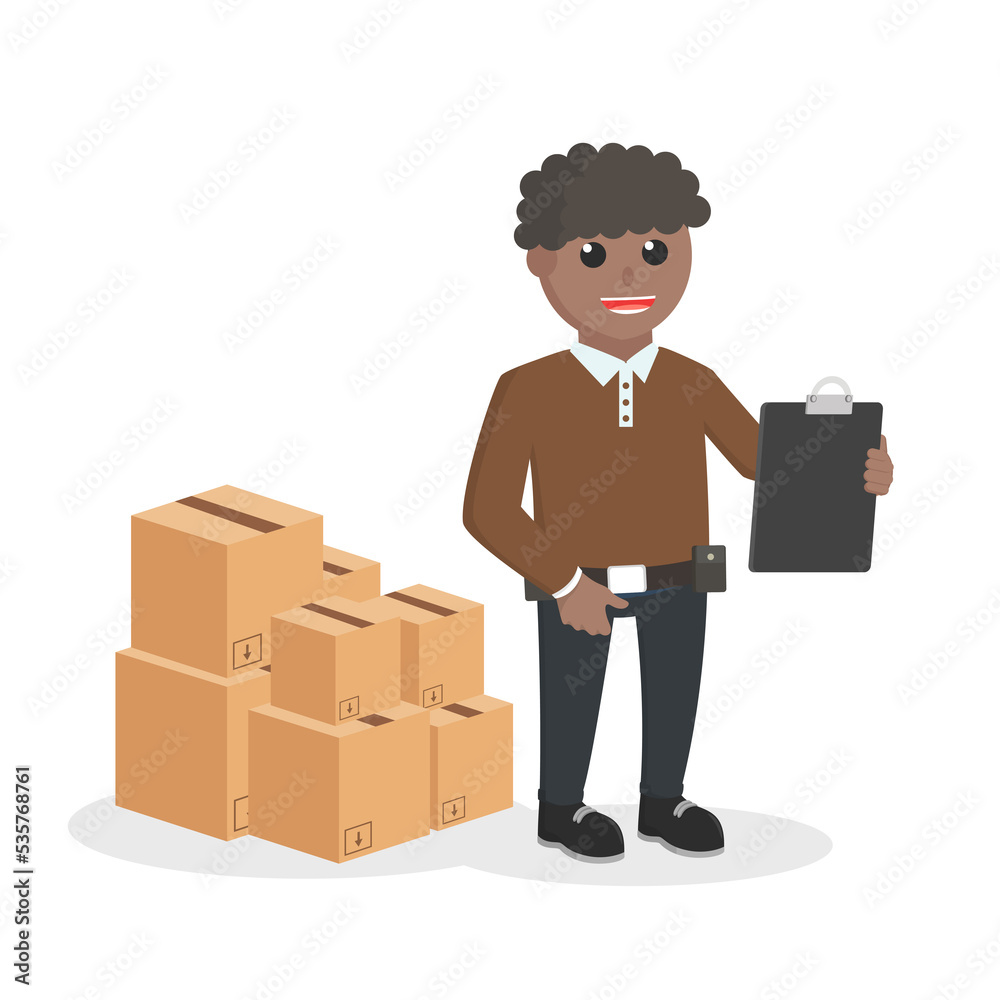 delivery man african checking boxs design character on white background delivery man african checking boxs design character on white background