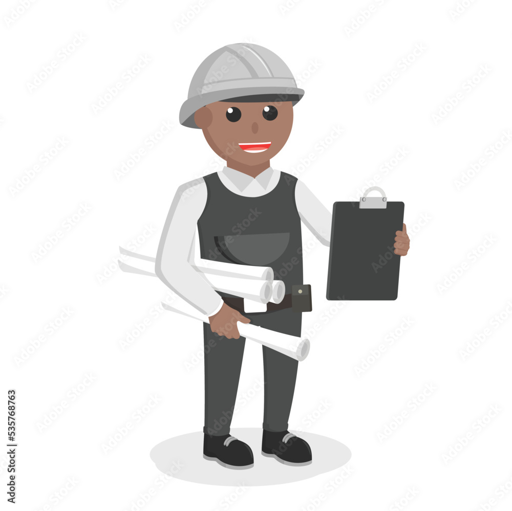 construction worker african holding papers and clipboard design character on white background construction worker african holding papers and clipboard design character on white background