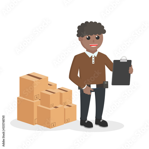 delivery man african checking boxs design character on white background