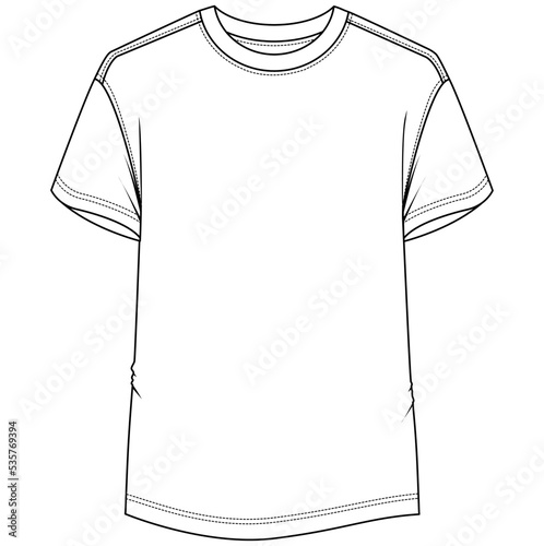 short sleeve crew neck drop shoulder plain white t shirt fashion flat sketch vector illustration