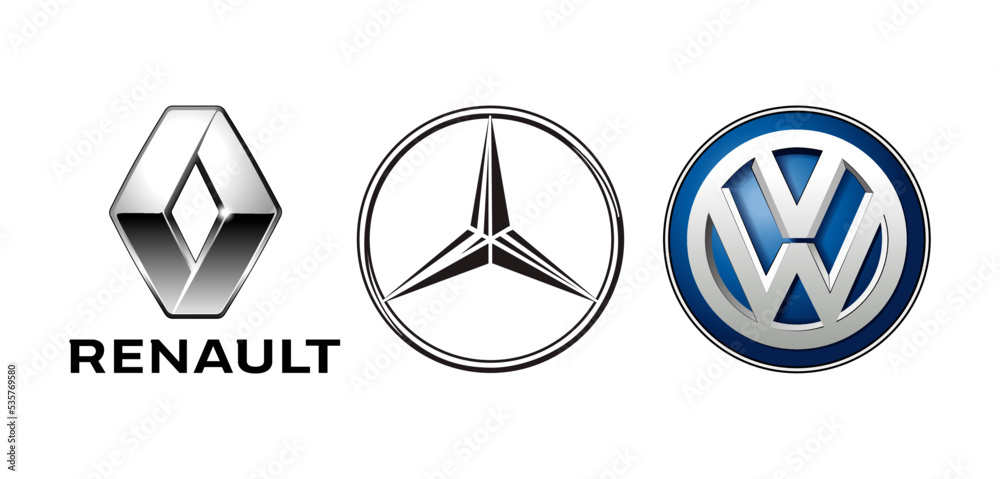 Collection of biggest European car manufacturers logos, on white  background: Renault, Mercedes Benz and Volkswagen, vector illustration  Stock-Vektorgrafik