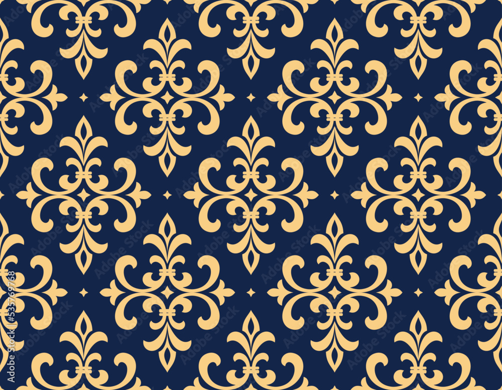 Flower geometric pattern. Seamless vector background. Gold and dark blue ornament. Ornament for fabric, wallpaper, packaging. Decorative print