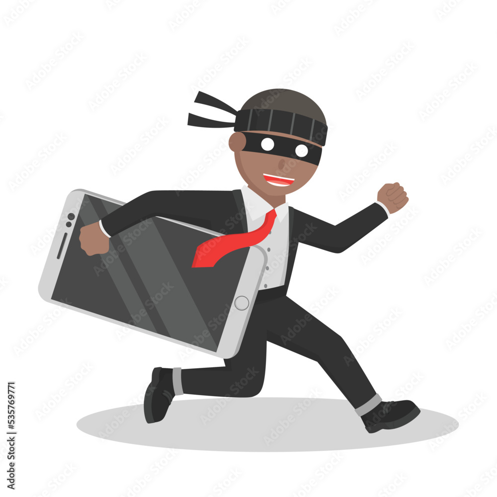 thief african stealing big smartphone design character on white background thief african stealing big smartphone design character on white background
