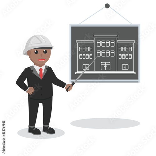engineer african explaining his work design character on white background