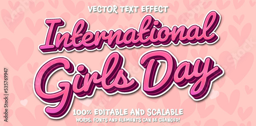 Happy women day feminist card concept. Vector editable text modern illustration set. International Girls Day pink font alphabet template on pink heart background. Design for holiday banner, tee,poster