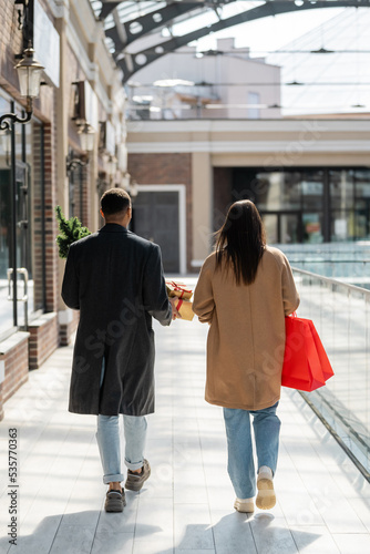 back view of interracial couple in coats walking with shopping bags and small christmas tree on city street. © LIGHTFIELD STUDIOS