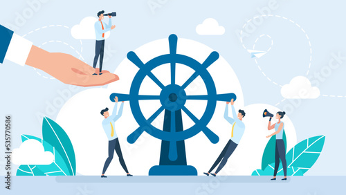 Business management. Leadership and visionary to lead company success, career direction or work achievement concept. People control steering wheel helm. Teamwork for success. Vector flat illustration
