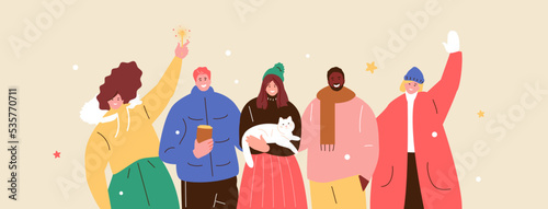 Cheerful people in winter clothes celebrating New Year and Christmas. Friends and colleagues spending the holiday together. Vector template postcard banner