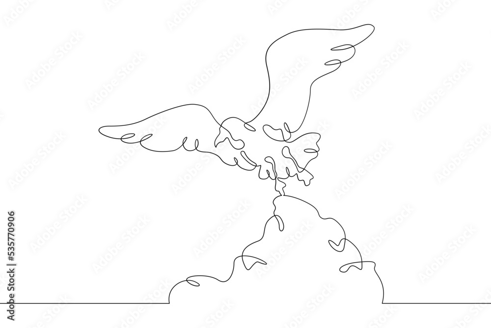 One continuous line.The bird takes off from the cliff. The bird spreads its wings. Bird on top of the mountain. One continuous line is drawn on a white background.