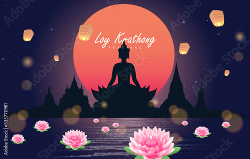 Loy krathong Festival Travel Thailand Poster Design Background Vector Illustration.  Chao Phraya River Holy Place in Thailand Background.