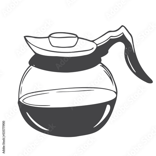 Doodle sketch of glass teapot with coffee. black outline image isolated on a white background. Doodle style.