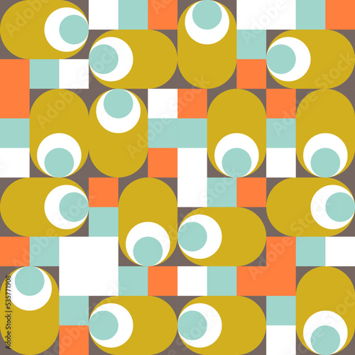  Modern vector abstract geometric background with circles, rectangles and squares in retro scandinavian style. Pastel colored simple shapes graphic pattern. Abstract mosaic artwork.