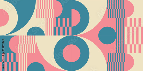 Modern vector abstract geometric background with circles, rectangles, squares and stripes in retro Bauhaus style. Pastel colored