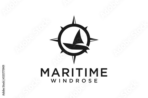 Maritime dhow ship logo design wind rose icon symbol illustration marine anautical sailing ship