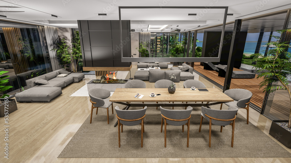 3d rendering of modern cozy interior with living,dining zone stair and kitchen for sale or rent with wood plank by the sea or ocean. Spacious apartments with expensive furniture,equipment and flowers