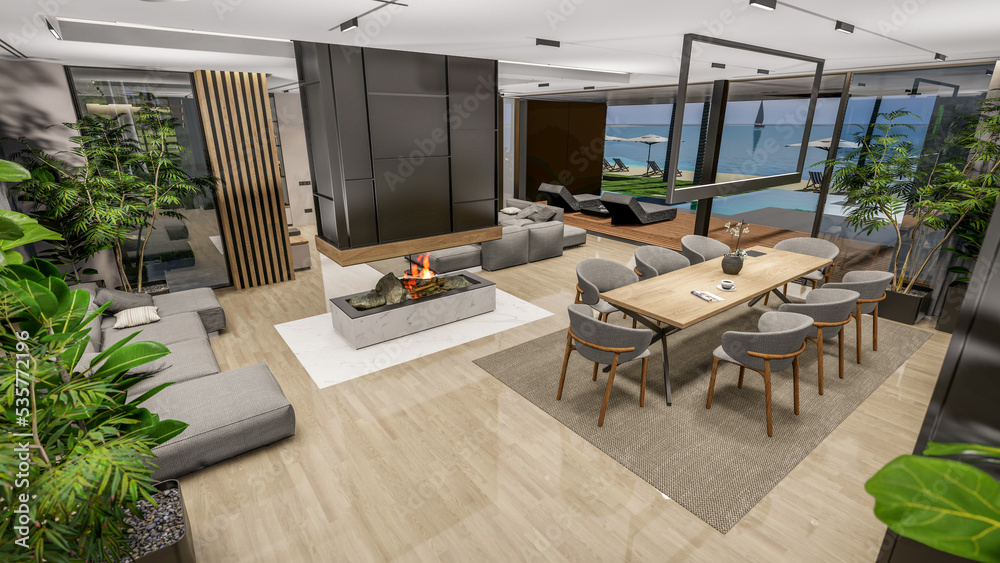 3d rendering of modern cozy interior with living,dining zone stair and kitchen for sale or rent with wood plank by the sea or ocean. Spacious apartments with expensive furniture,equipment and flowers