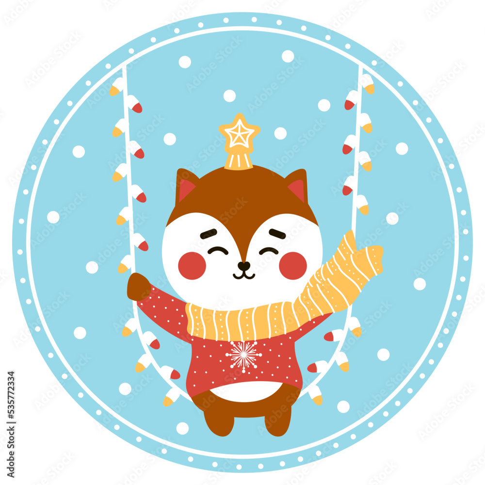 Naklejka premium Christmas ball with cute cat or fox character, greeting card design, funny winter animal illustration in circle in cartoon style