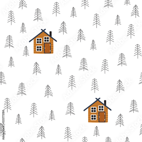 Wooden hut in the forest seamless pattern. Simple cartoon print. Vector hand drawn illustration.