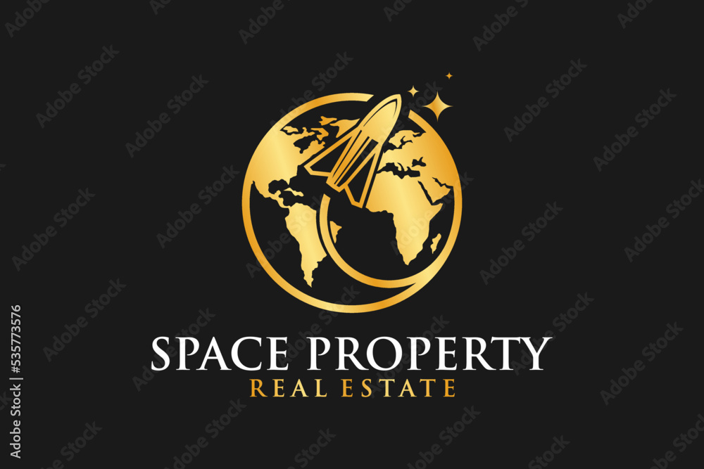 Space rocket logo design with globe earth icon symbol gold luxury illustration
