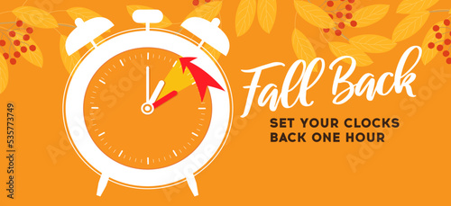 Fall Back, change clock back one hour, Daylight Saving Time Ends web reminder banner. Clocks with arrow hand turning back an hour.  photo