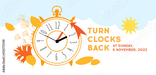 Turn clocks back one hour, Daylight Saving Time Ends concept banner. Fall Back time. Vintage clocks with arrow hand turning back an hour. 