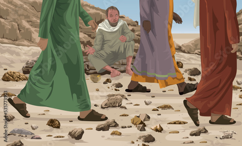 Blind Man Sat by Road Begging as Crowd Passes By.  Biblical illustration showing Luke 18:35-43.
