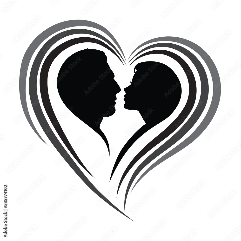 people kiss silhouette of love couple in love, family hearts isolate on valentine day background