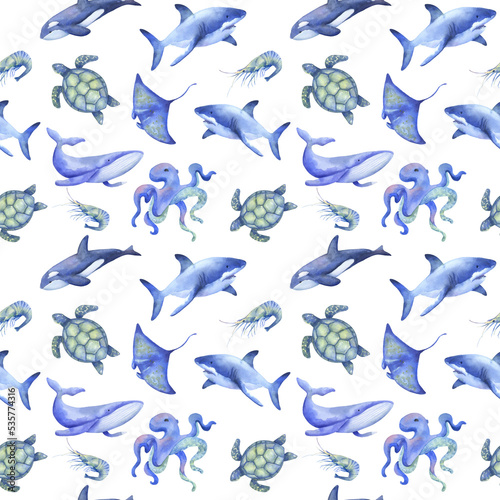 Watercolor shark  whale  stingray. Seamless pattern on the marine underwater theme. Ocean animals on white background