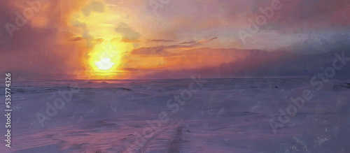 Beautiful winter landscape, evening sunset, panoramic view