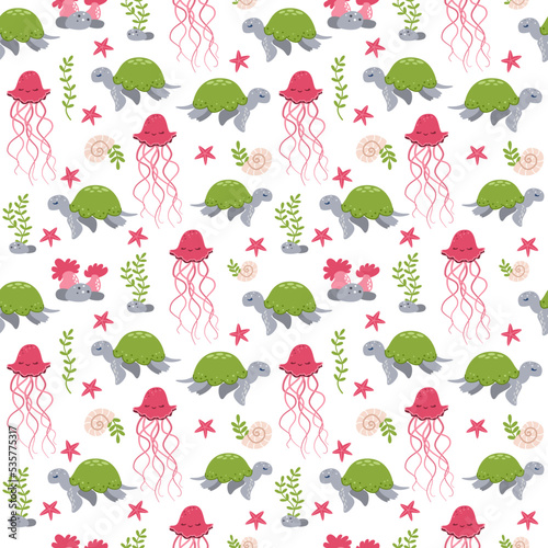 Seamless vector pattern. Sea animals on white background, turtle, jellyfish, starfish, seaweed. Sea pattern.