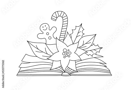 Christmas elements with a book in a line art style. Winter graphic icon. Vacation doodle. Creative Xmas festival outline linear design. Isolated on white. 