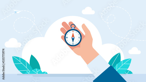 Hand holding a compass. Search for direction of movement, landmark. A businessman holds a navigation device in his palm. Compass and hand. Navigation concept. World travel. Flat vector illustration
